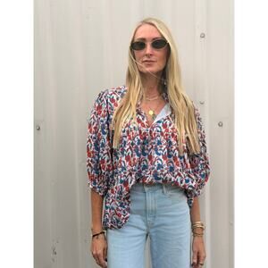 Sur La Vague 100% Cotton Red Blue Dallas Classic SMU Floral Blouse Size One Size